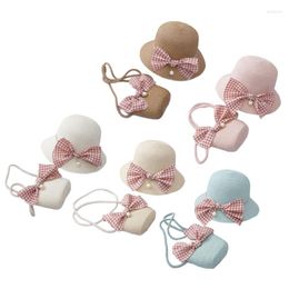 Hats 1Set Kids Girls Sun Protection Beach Hat Summer Bucket Straw Cap Bowknot Handbag