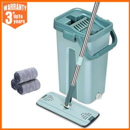 Mops New Touchless Mop Flat Floor Wash Mops Bucket SelfWring Squeeze Double Side Household Cleaning Automatic Drying Z0601