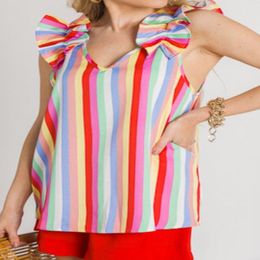 Wholesale Summer Clothes Multicolor V Neck Ladies Striped Tank Top With Ruffles AST25868094