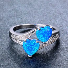 Band Rings Female White Blue Ring Silver Colour Heart Wedding For Women Promise Love Engagement