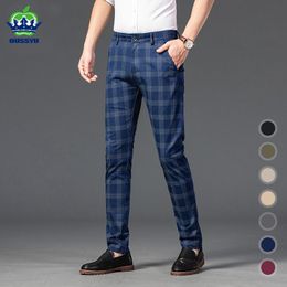 Pants Oussyu Brand Men's Plaid Pants Casual Elastic Long Trousers Cotton Blue Skinny Business Work Pant for Male Classic Clothing