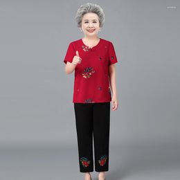 Women's Two Piece Pants Retro Embroidery Middle-Aged Elderly Mother Summer Suit Grandma Shirt Trousers 2 Sets Womens Outfits