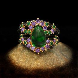 Band Rings Cute Female Green Zircon Ring Black Gold Water Drop Wedding For Women Hollow Geometric Engagement