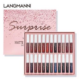 Lipstick Langmanni 24 Colors Liquid Lipstick Set Matte Waterproof Nonstick Cup Moisturizing Lasting Lip Gloss Gift Box Set Makup Dc08