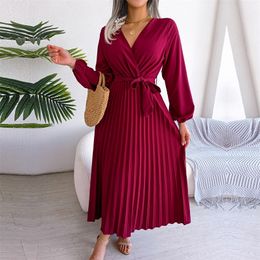 Basic Casual Dresses F Women Spring Summer Temperament Cross Solid Colour V Neck Large Hem Pleated Long Dress For Fashion 230531