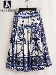 Dresses Aeleseen 2022 Women 100% Cotton Skirt Runway Fashion Sicilian Porcelian Printed Blue White Flower Elegant Long Party Holiday