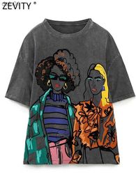 Zevity New Women Fashion Contrast Colour Girls Print Casual T Shirt Female Basic O Neck Short Sleeve Chic Leisure Tops T3069 L230520