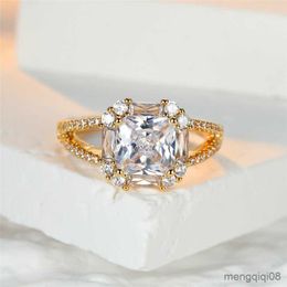 Band Rings Classic Female Crystal Square Open Ring Cute Gold Color Hollow Engagement Luxury White Zircon Wedding For Women