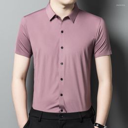 Men's Casual Shirts Minglu Summer Men's Luxury High Elasticity Seamless Short Sleeve Solid Color Business Slim Fit Man Dress
