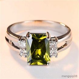 Band Rings Style Male Female Peridot Square Ring Fashion Silver Colour Wedding Jewellery Crystal Promise Engagement For Women