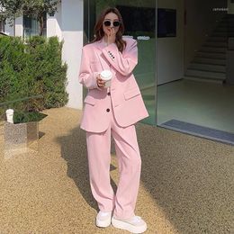 Women's Two Piece Pants Office White Pink Suit Two-Piece Pant Suits Women Elegant Blazer Female Set Casual Loose Jacket Work Clothes BF