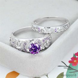 Band Rings Elegant Female Crystal Purple Ring Classic Silver Colour Engagement For Women Cute Hollow Flower Wedding Set