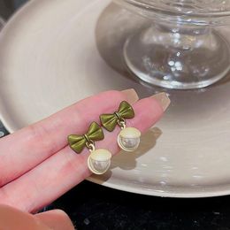 Stud Earrings Lovelink Elegant Green Metal Style Bow Earring Sweet Flower Simulated Pearl For Women Girls Party Accessory