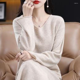 Work Dresses Women's Pure Wool Suit Solid Color Knitted Long-sleeved V-neck Pullover Sweater Casual Skirt Cashmere