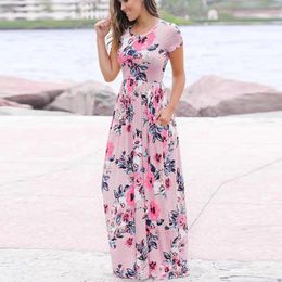 Casual Dresses Women's Dress Floral Printed Short Sleeve Maxi With Pockets Round Neck Long Skirt Colourful Fashion Vacation Leisur