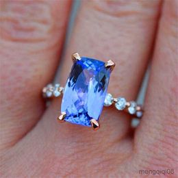 Band Rings Female Blue Crystal One Ring Charm Yellow Gold Color Wedding For Women Luxury Square Engagement