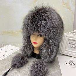 Women Real Fox Fur Hat Russian Ushanka Trapper Hat Top Hat Knitted Warm Outdoor Ski Cap