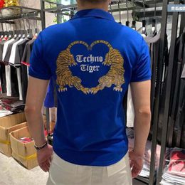 Men's Polo T-shirt Tiger Rhinestone Design Luxury Male Tops Blue Lapel Tees Summer Homme Streewear Clothing Fashion Handsome S-3XL