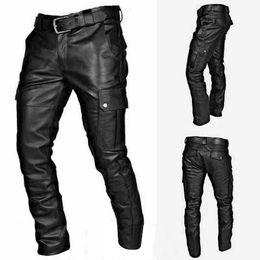 Pants Men Leather Casual Pants Punk Retro Goth Slim Fit Elastic Style Fashion Leather Trousers Motorcycle Pants Thin Streetwear #t1g