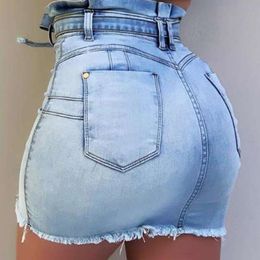 Dresses High Waist Elastic Bandage Sexy Denim Mini Skirts Singlebreasted Haruku Casual Hip Bag Stretch Bodycon Patchwork Sashes Skirt