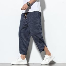 Men's Pants 2023 Summer Men Cotton Harem Streetwear Solid Stripe Breathable Beach Male Casual Baggy Calf-Lenght Trousers