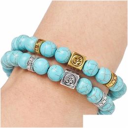 Beaded 8Mm Yoga Strands Bracelet Gemstone Turquoise Beads Ancient Sier Gold Box Natural Stone Bracelets For Women Men Fashion Drop D Dhhed