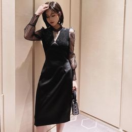 Casual Dresses Hepburn Style Black Dress For Women Autumn Elegant Patchwork Mesh Bodycon Ladies Long Sleeve Party Vestidos