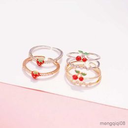 Band Rings Trendy Sweet Cherry Crystal Metal Gold Silver Colour Layer Finger Ring Adjustable For Women Jewellery Girl Gifts