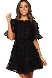 Casual Dresses Black Crew Neck Swiss Dot Mini Dress Women Solid O Half Sleeve Short A Line