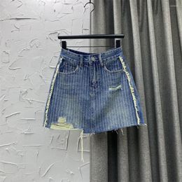 Skirts 2023 Summer Fashion High Waist Ripped Stripes Rhinestone Denim Skirt Elegant Womens A- Line Sexy Mini Jeans Mujer