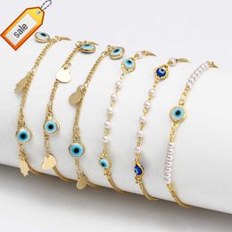 2022 Vintage Simple Brass Gold Plated Women's Adjustable Bracelet Blue Eye Evil Eye Amulet Pearl Pendant Bracelet Gift Jewellery