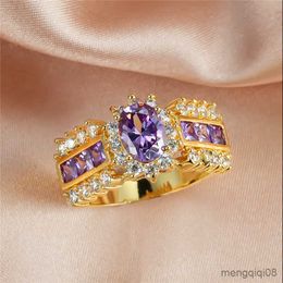 Band Rings Luxury Female Purple Oval Crystal Ring Charm Gold Color Wedding For Women Promise Geometric Flower Engagement