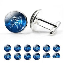 Cuff Links Luminous 12 Constellations Cufflinks For Men Cufflink Glass Jewelry Wedding Zodiac Signs Suit Shirt Link Man Accessory Gi Dhrn2