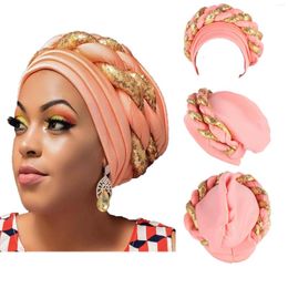 Berets Auto Gele Muslim Space Layer Two-color Sequin Twist Headscarf Hat Turban Durag Prom Hair Accessories For Women