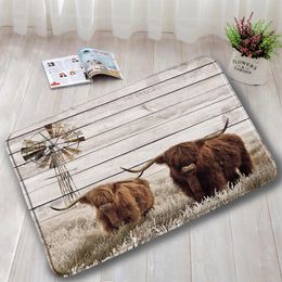 Mats Farm Animal Highland Cow Door Mats Brown Cattle Grass Retro Wood Flannel Bath Mat Home Room Kitchen Bathroom Decor Antislip Rug