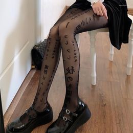 Women Socks Iurstar Spring Summer 20D Tights Japanese Alphabet Pantyhose Thin Sexy Black Silk Print Medias Mujer