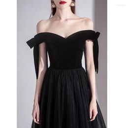 Party Dresses Charming Black Boat Neck Wear For Women Bow Sleeves Prom Gowns Lace Up Back Robe De Soriee Vestido Elegante