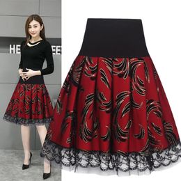 Dresses 2023 Summer High Waist Pleated Skirts Women Vintage Black Printing Ing Lace Midi Skirt Large Size Faldas Largas Mujer F157