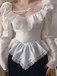 Women's T Shirts Summer Chiffon Lace Vintage Sexy Blouse Women Skinny Empire Waist Retro Tops Female Solid Turn-down Collar Sweet Party Top