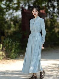 Casual Dresses Spring Autumn Women French Vintage Oil Painting Light Blue Lace Trimming Slim Waist Comfortable Cotton Linen Maxi