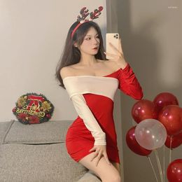 Casual Dresses Women Christmas Winter Sexy Bodycon Warm Dress Spliced Fashion Knitted Long Sleeve Elastic Waist Short Sweater