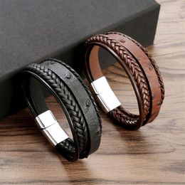 Charm Bracelets Men Leather Multilayer Black Brown Color Braided Rope Bangle Vintage Punk Unisex Jewelry Wristband Gift 19/21/23cm