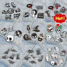 4-7pcs Cool Punk Style Brooches Skeleton Skull Animal Dinosaur Cat Dark Enamel Badge Gothic Bag Shirt Pin Jewellery Gift Wholesale