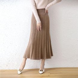 Dresses Highend 2022 Autumn/winter New 100% Pure Wool Women's Thick Warm Elegant Pleated Skirt Fashion A Line Knitted Skirt 4 Colors