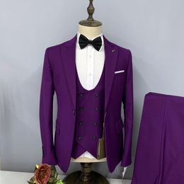 Men's Suits Men's 2023 Business Formal Purple Set Sharp Edge Lapel Classic Single Breasted Three Piece (Jacket Pants Vest)