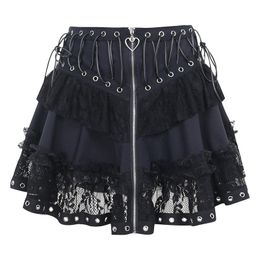 Dresses Punk Vintage High Wasit Skirt Women's Zipper Front Japanese Style Kawaii Black Haruku Gothic Skater Cosplay Mini Skirts