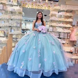 Light Green Princess Quinceanera Dresses 3D Flowers Beads Applique Beading Sleeveless Lace-Up Corset Sweet 15 Party Dress 322