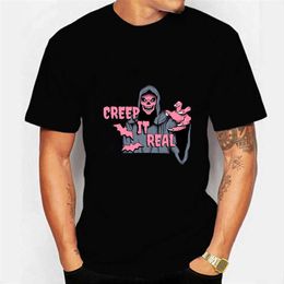 T-Shirts Creep It Real Print Men's Short Sleeve Cotton Horror Skull Graphic Unisex T-shirt Plus Size P230601