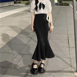 Dresses Y2k Vintage Wrap Hip High Waist Black Denim Skirts Women Mermaid Split Plus Size Korean Streetwear Trumpet Wild Sexy Jean Skirt