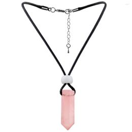 Pendant Necklaces TUMBEELLUWA Natural Pink Quartz Hexagonal Pointed Healing Reiki Chakra Necklace Black Wax Cord Unisex Jewellery